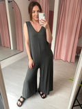 Wide Leg Jersey Jumpsuit with Pockets - Grey