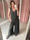 Wide Leg Jersey Jumpsuit with Pockets - Grey
