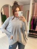 V Front High Neck Jumper - Grey