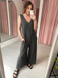 Wide Leg Jersey Jumpsuit with Pockets - Grey