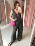 Wide Leg Jersey Jumpsuit with Pockets - Grey