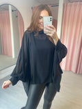 Chiffon Dip Side High Neck Shirt - Black