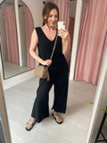 Wide Leg Jersey Jumpsuit with Pockets - Black