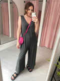Wide Leg Jersey Jumpsuit with Pockets - Grey