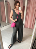 Wide Leg Jersey Jumpsuit with Pockets - Grey